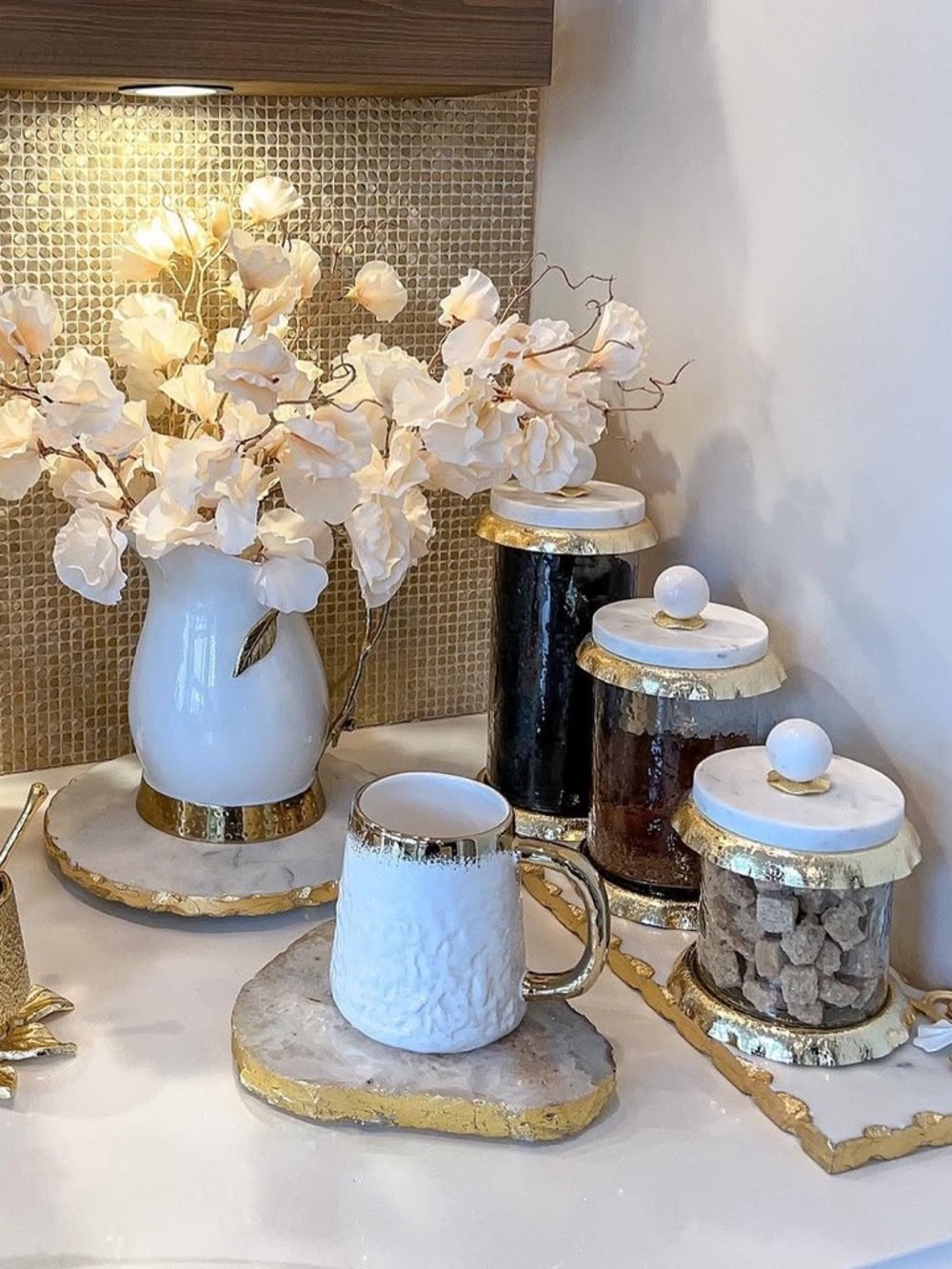 Inspire Me! Home Decor / Classic Touch Marble and Gold Ruffled Canisters Set